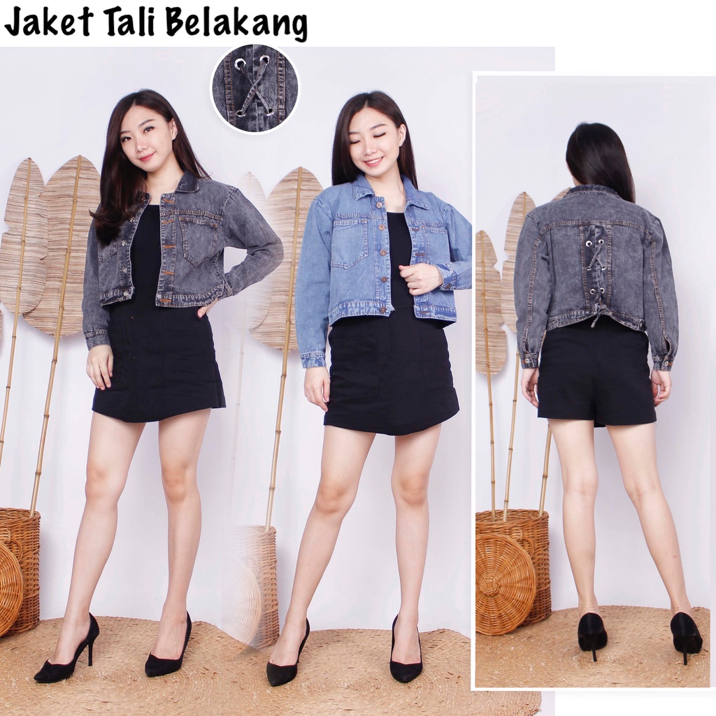 Jaket Denim Tali Belakang Wanita / Jaket Denim Crop Wanita Polos