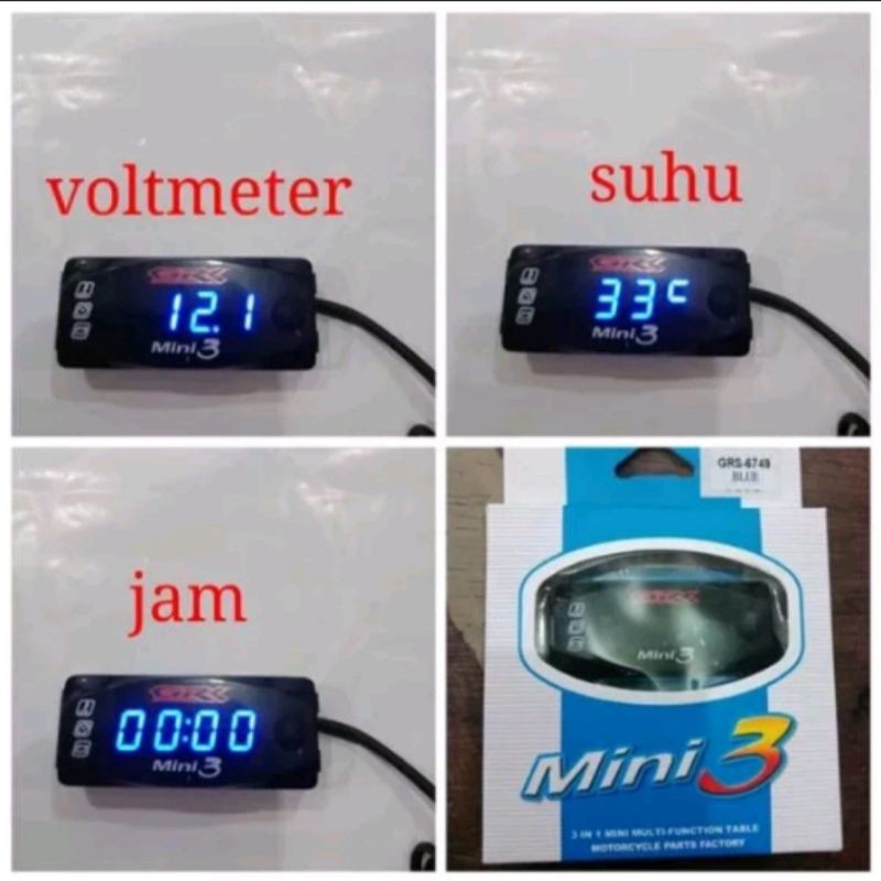 VOLTMETER AKI PENGUKUR DAYA AKI MINI 3 IN 1 PLUS PENGUKUR SUHU UDARA DAN JAM DIGITAL DI MOTOR