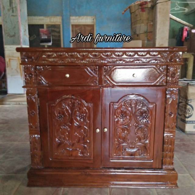 Almari kecil lemari rak meja tv simpel jati ukir