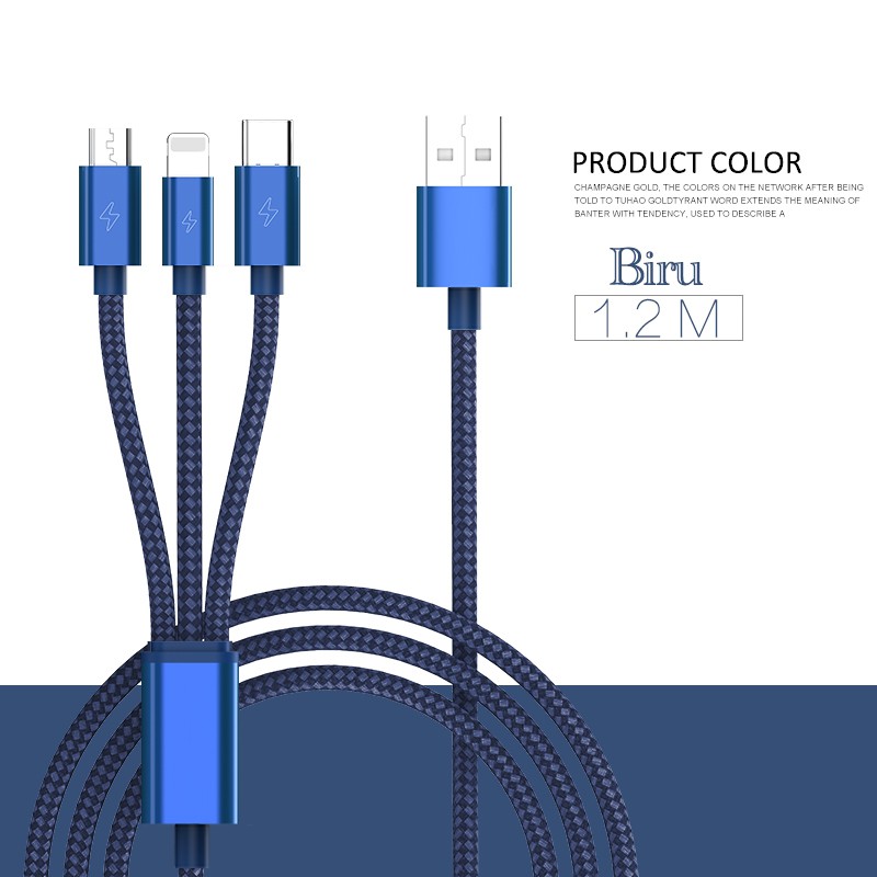 Kabel data / Cable USB 3 in 1 MICRO TYPE C LIGHTNING IPHONE ANDROID 1.2M (pack plastik)
