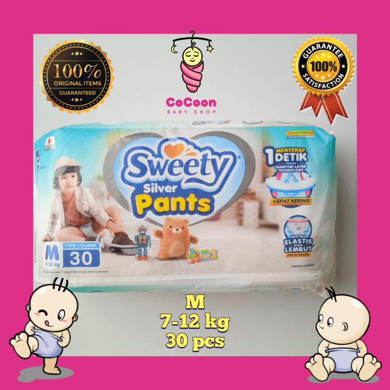 Popok Bayi Sweety Silver Pants M30 M 30 7-12 kg Tipe Celana Unisex