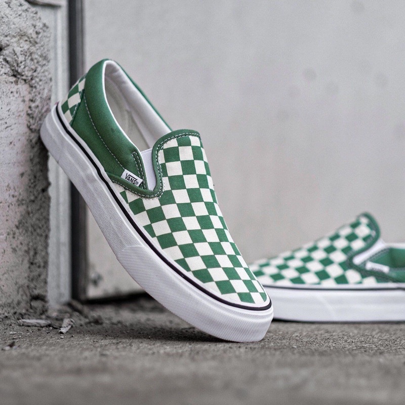 VANS SLIP-ON CHECKERBOARD SHALE GREEN/WHITE CLASSIC ORIGINAL 100%