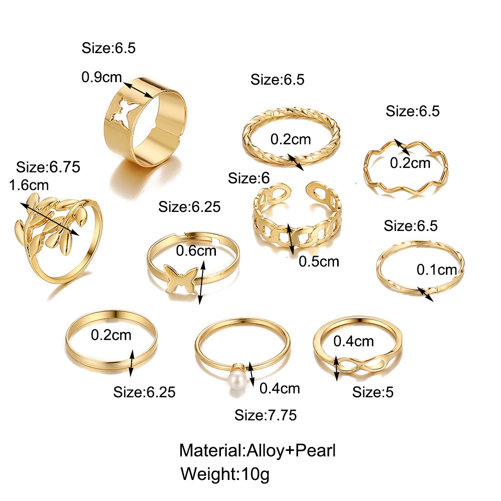 10pcs / Set Cincin Model Kupu-Kupu Hollow Warna Emas Aksen Mutiara Gaya Vintage Untuk Wanita