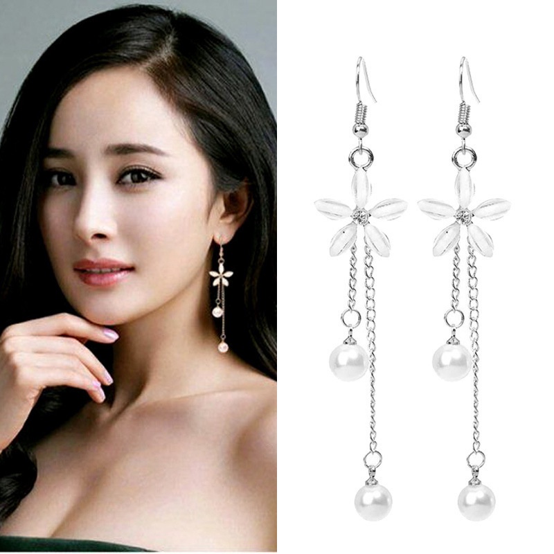Anting Korea Anting Gantung Bunga Mutiara Anting Import Anting Fashion Simple_AW51-Putih Silver