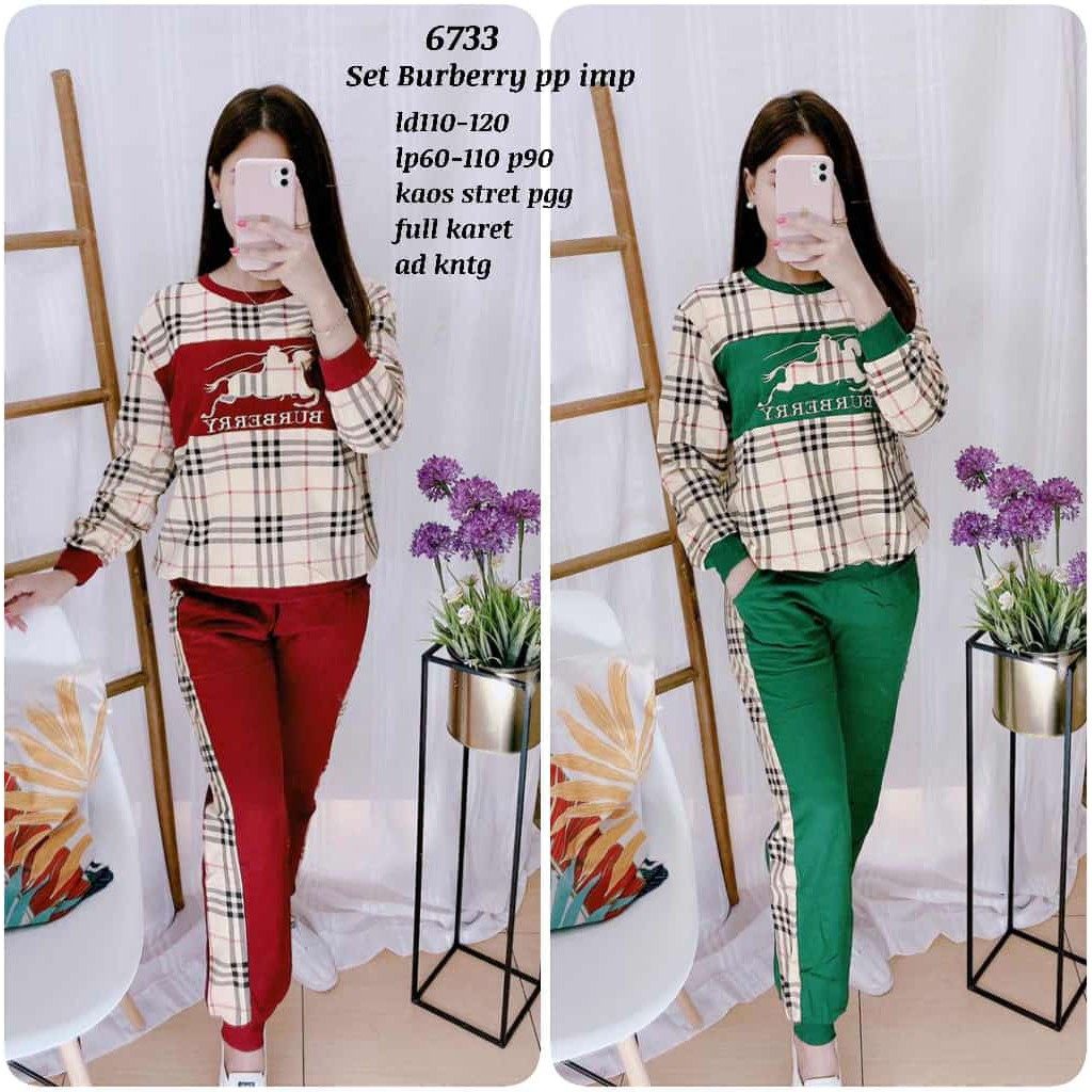 SETELAN KAOS+CELANA WANITA IMPORT PREMIUM BURBERRY 6733