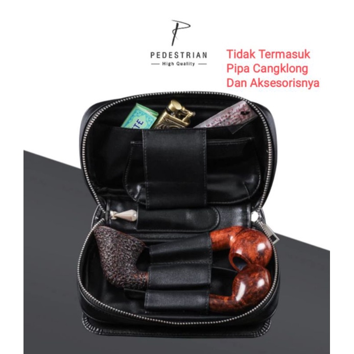 Tas Kulit Pipa Cangklong Merk Pedestrian Leather Pipe Bag Case Pouch Black Color