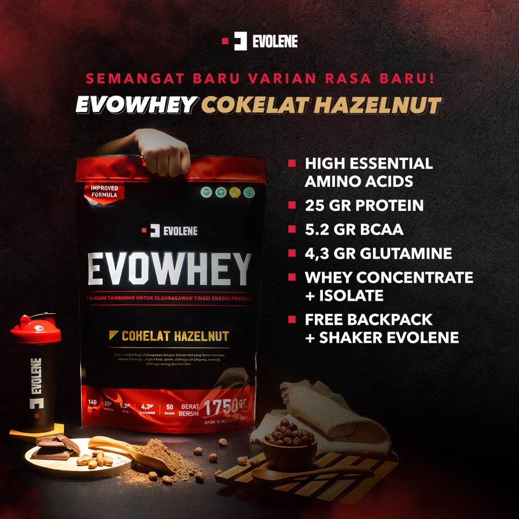 EVOLENE EvoWhey Whey Protein 50 sachet 1750 gram Rasa Coklat Hazelnut