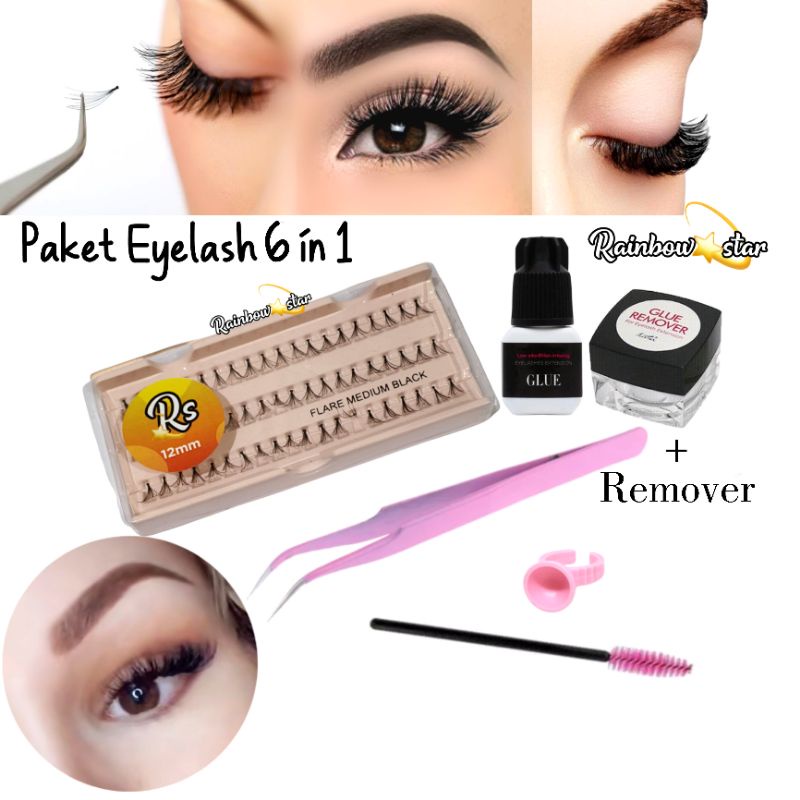 Paket Bulumata Tanam Lem Tanpa Pedih 6 In 1 / Paket Eyelash Extension Diy + Remover / Bulu Mata Extension Sendiri