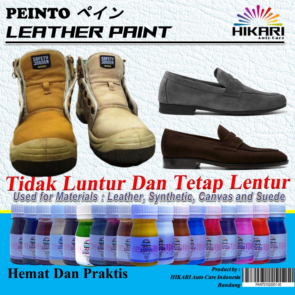 PEINTO Leather Paint Paket Paint Basic Merah, Biru, Kuning, Putih, Hitam + 5 Kuas