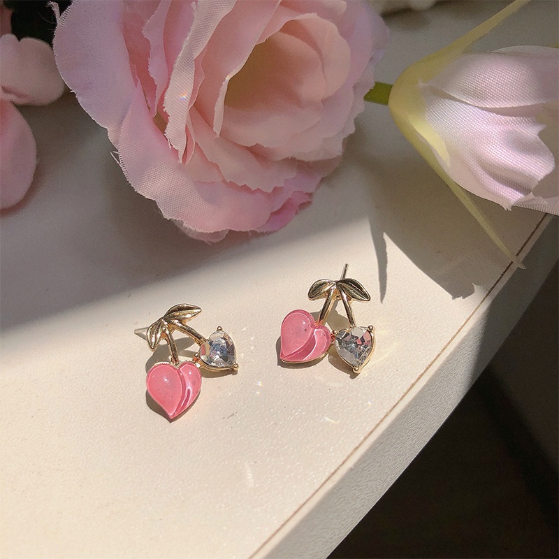 Anting Stud Kristal Zircon Bentuk Hati Peach Untuk Wanita