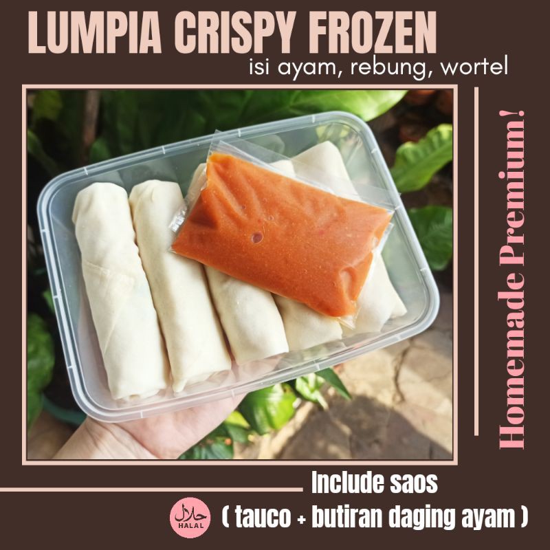 

LUMPIA FROZEN AYAM REBUNG WORTEL SAYUR CRISPY CEMILAN SNACK HOMEMADE SAUS TAUCO