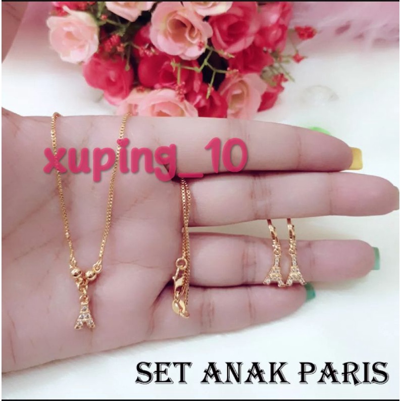 Set Perhiasan Kalung &amp; Anting Anak Motif Paris Berlapis Emas