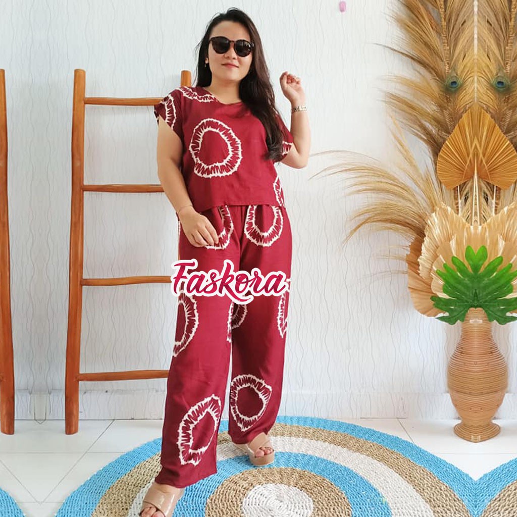 Piyama Rayon Jumbo Lengan Pendek One Set Wanita Kekinian Remaja Pajamas Polos Kombinasi Auristela-Gear Merah