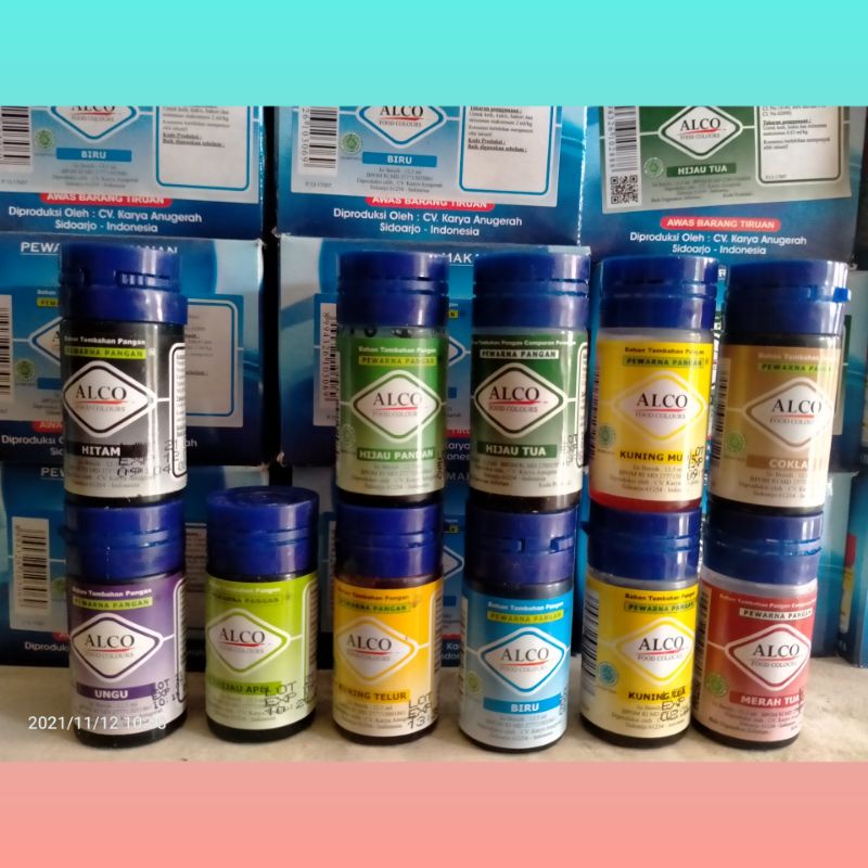 pewarna makanan alco hijau pandan, hijau tua, hijau apel, merah muda, merah tua, hitam, coklat, kuni