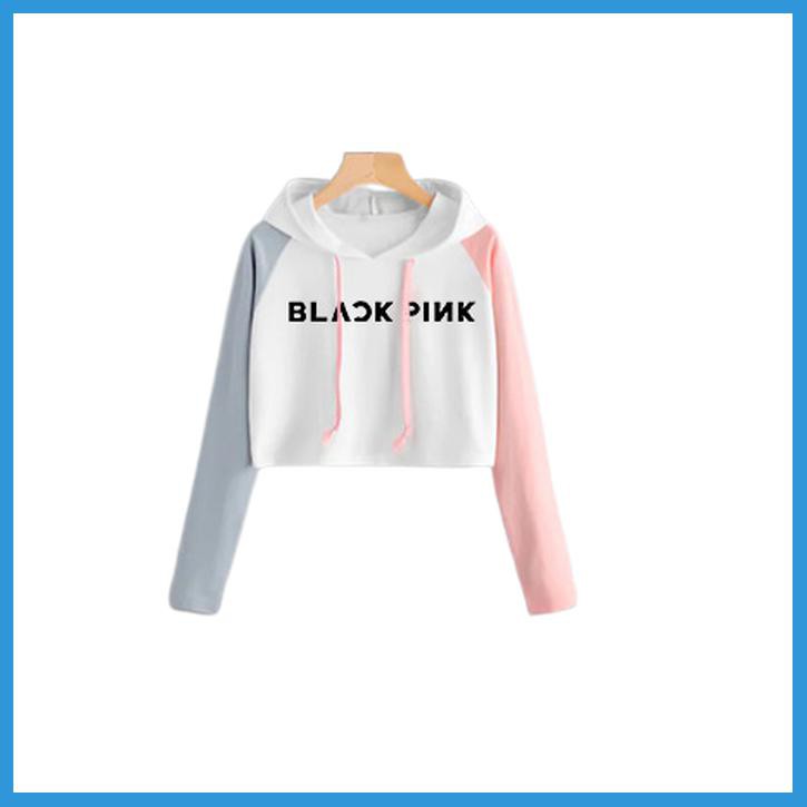 MICHELLESTORE SWEATER WANITA CROP HOODIE BLACKPINK KOMBINASI - PUTIH