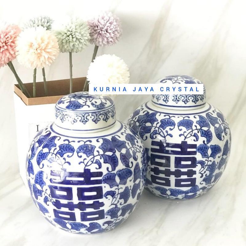 Toples keramik biru putih doble happyness/ Toples Keramik Import/ Tochin Bahagia