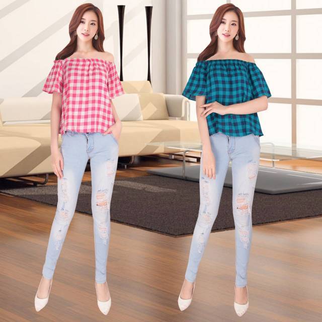 Sabrina tartan (blouse sabrina motif kotak-kotak)