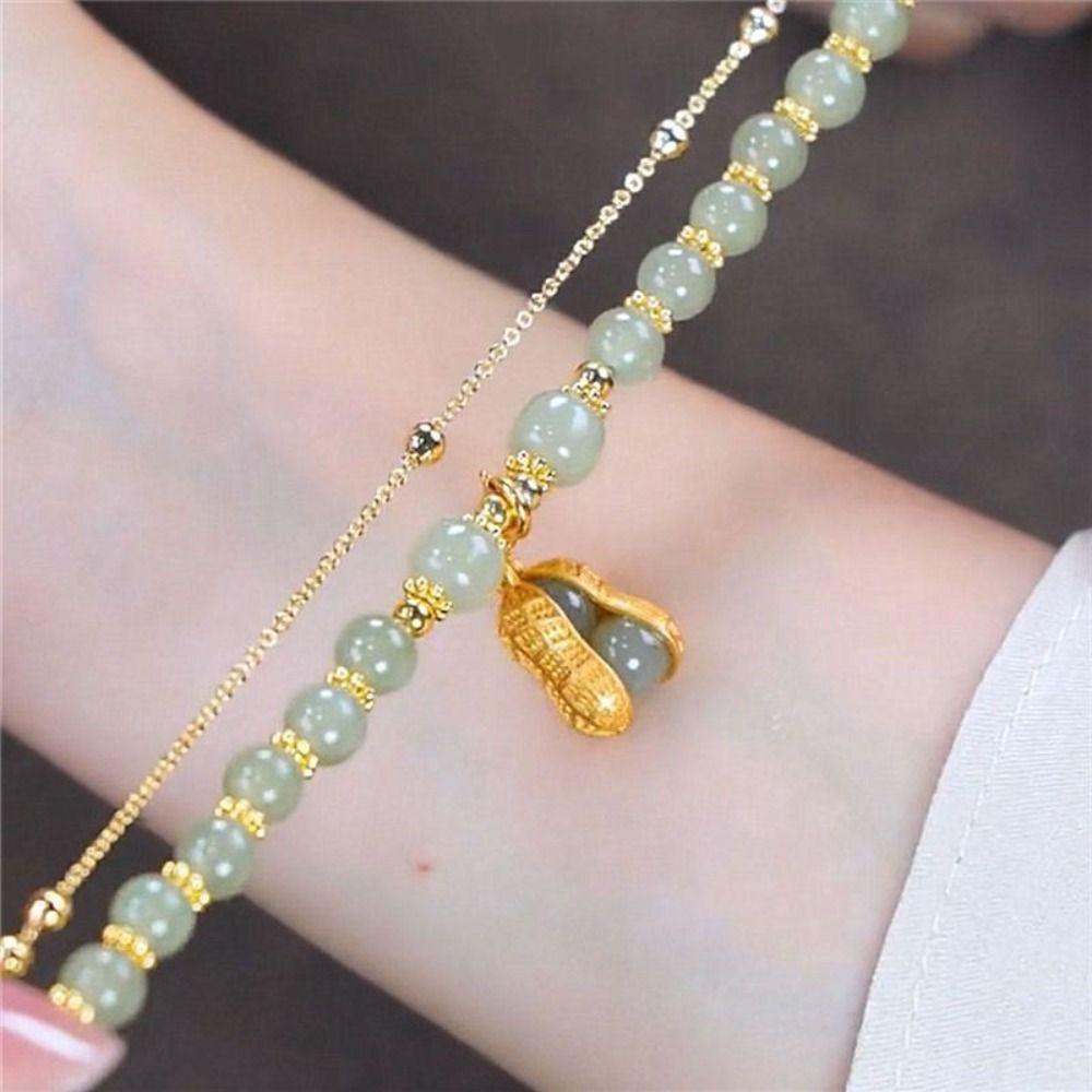 Mxbeauty Gelang Manik Lucu Perhiasan Hadiah Gaya Cina Perhiasan Emas Zamrud Gelang Rantai Ganda Kacang Hijau Liontin Liontin Perempuan Tangan Rantai