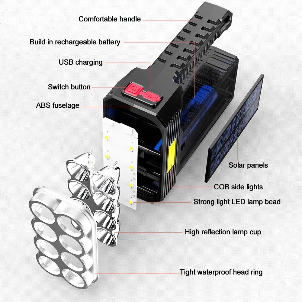 Lampu Senter 8-led COB Tenaga Surya / USB Rechargeable 4 Mode Anti Air Untuk Hiking / Camping / Survival