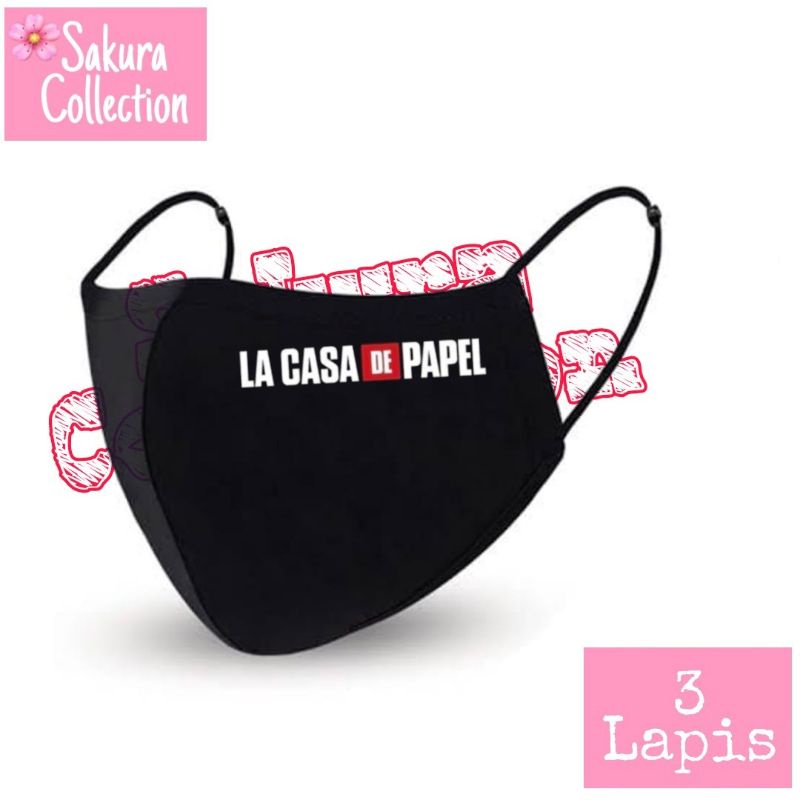 Masker kain 3 lapis - MONEY HEIST - LA CASA DE PAPEL - LA CASA DE QUARANTINE / EARLOOP HITAM 3PLY