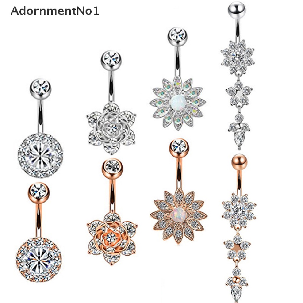 (AdornmentNo1) 6pcs / Set Anting Tindik Perut / Pusar Model Gantung Bahan Stainless Steel Hias Kristal Untuk Wanita