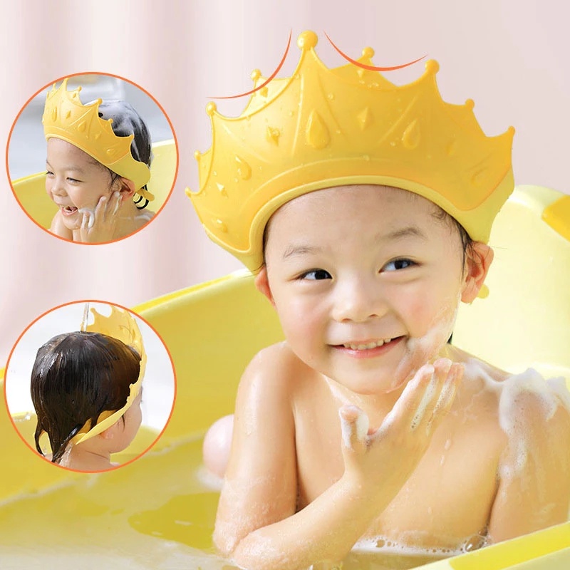 Kids Cartoon Crown Modeling Shampoo Cap / Children Ear Protection Eye Protection Adjustable Elasticity Soft Thicken Shower Cap