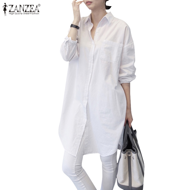 ZANZEA Womens Long Sleeve Lapel Collar Casual Solid Loose Blouse