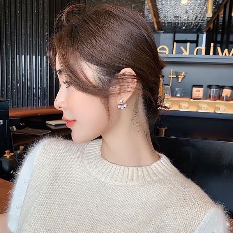 Anting Tusuk Silver Wanita Model Gantung Belakang Hias Mutiara Gaya Retro Korea