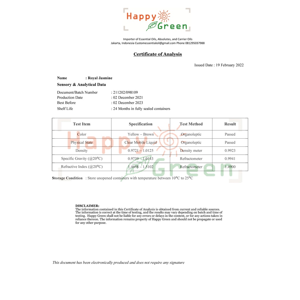 Happy Green Jasmine Fragrance Oil - Aroma Parfum Melati