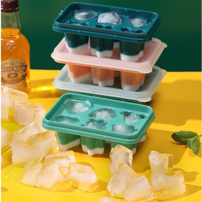 MARKAS88 Cetakan Es Batu Silikon dengan Tutupan Cetakan Es Batu 6 Lubang Bermotif Ice Cube Tray