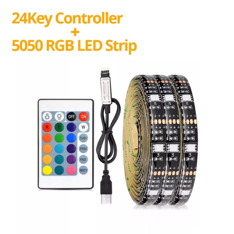 LED STRIP RGB SMD 5050 5V USB PC POWER BANK CHARGER LAMPU HIAS TEMPEL DINDING 1M 2M 5M INCLUDE REMOTE NATAL WARNA WARNI