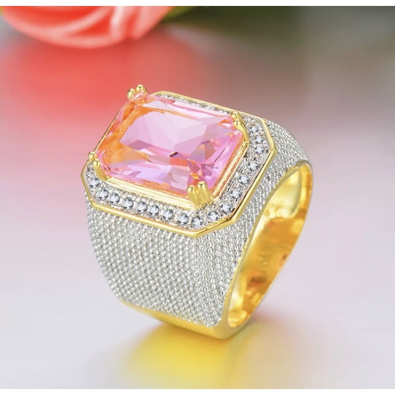 Cincin Pria Mewah Batu Pink Saphire Safir Merah Muda Gold Platted