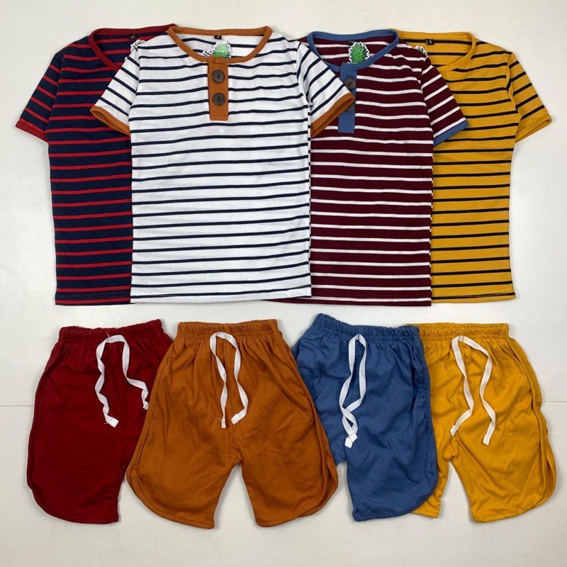 SETELAN KAOS ANAK STRIPES BUTTON UNISEX (1-10 YEARS )