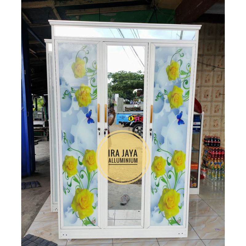 LEMARI BAJU PINTU 3 MOTIF KACA PRINTING BUNGA KUNING