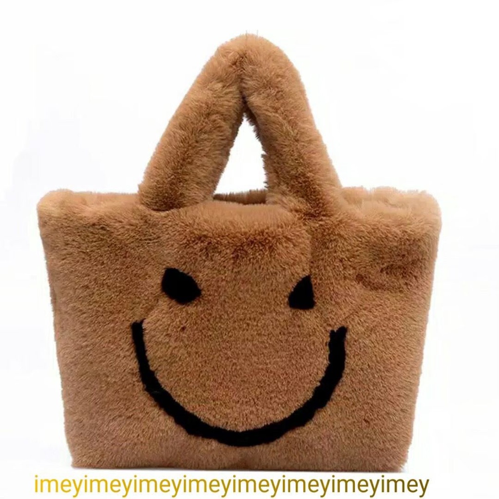 Tote Bag Wanita Bulu Soft Lembut Motif S.M.I.L.E Free Tali Selempang Rantai