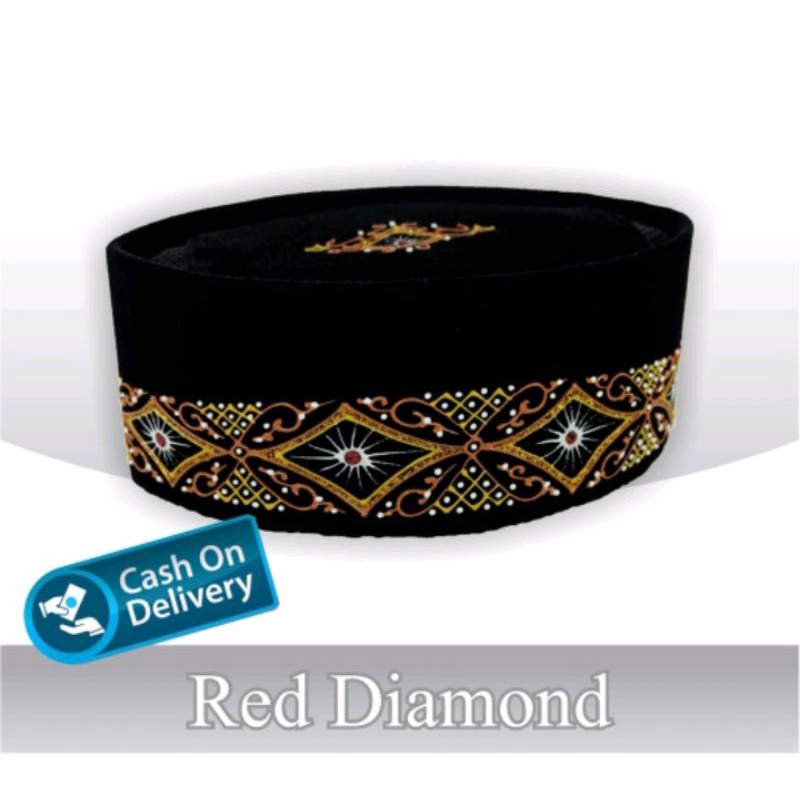 Songkok Peci Hitam AC Premium Dewasa Motif Lukis Red Diamond Tinggi 9