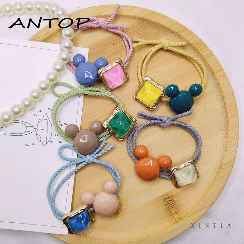 Ikat Kepala Bahan Karet Desain Mickey Mouse Aksen Kristal Berlian Imitasi Gaya Korea Untuk Wanita ANTOP