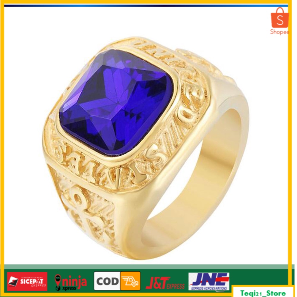 Cincin Emas 18k Aksen Batu Permata Sapphire Biru Bahan Baja Titanium Untuk Pria
