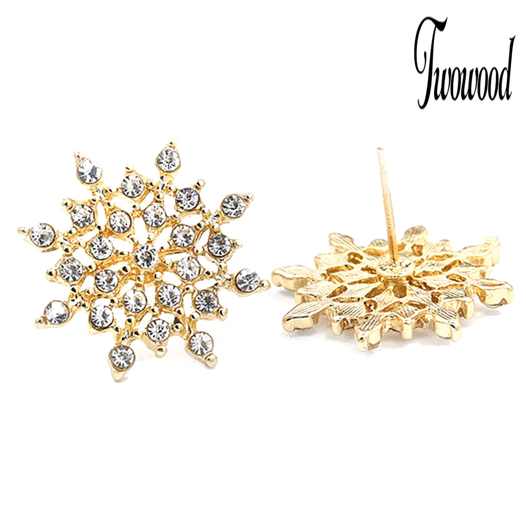 1 Pasang Anting Stud Desain Snowflake Aksen Berlian Imitasi Untuk Wanita