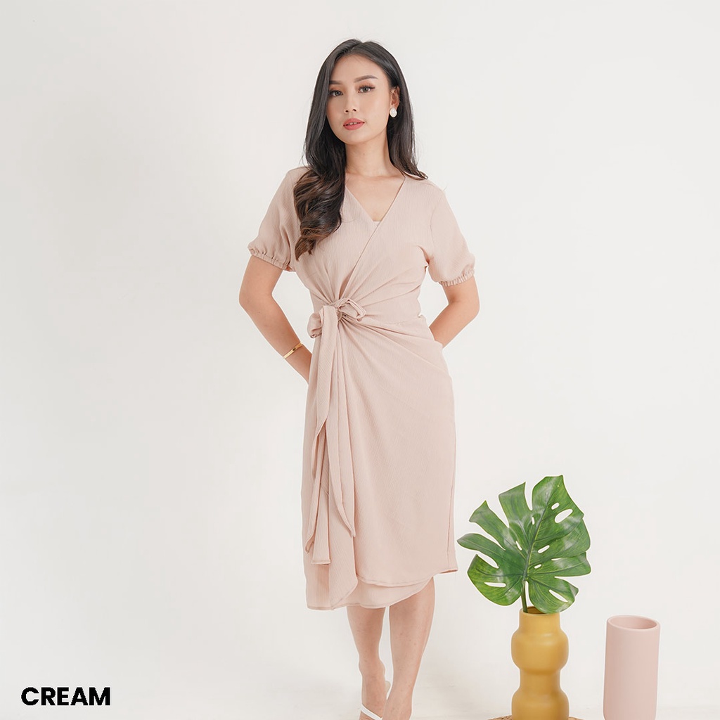 Dress Midi Crinkle Elvator Party Casual Wanita