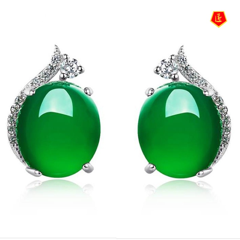 [Ready Stock]Female Temperament Jade Stud Earrings Elegant