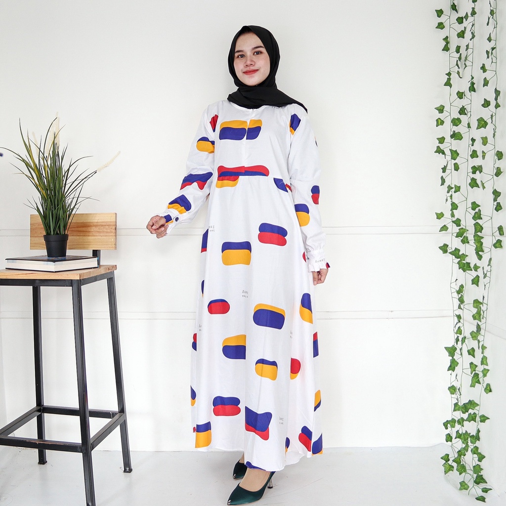 IZANY GAMIS / Dress Muslim XXL Jumbo Lengan Kancing Banyak Motif-OVAL WHITE
