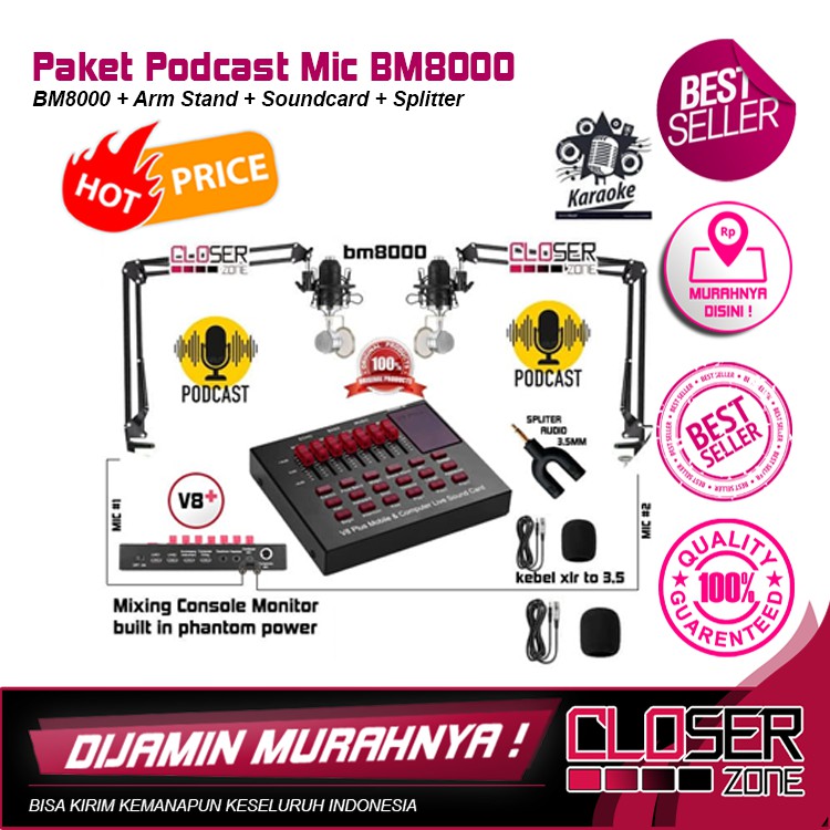 PAKET KUMPLIT MIC CONDENSER BM 8000 2 + STAND 2 + SOUNDCARD + SPLITTER