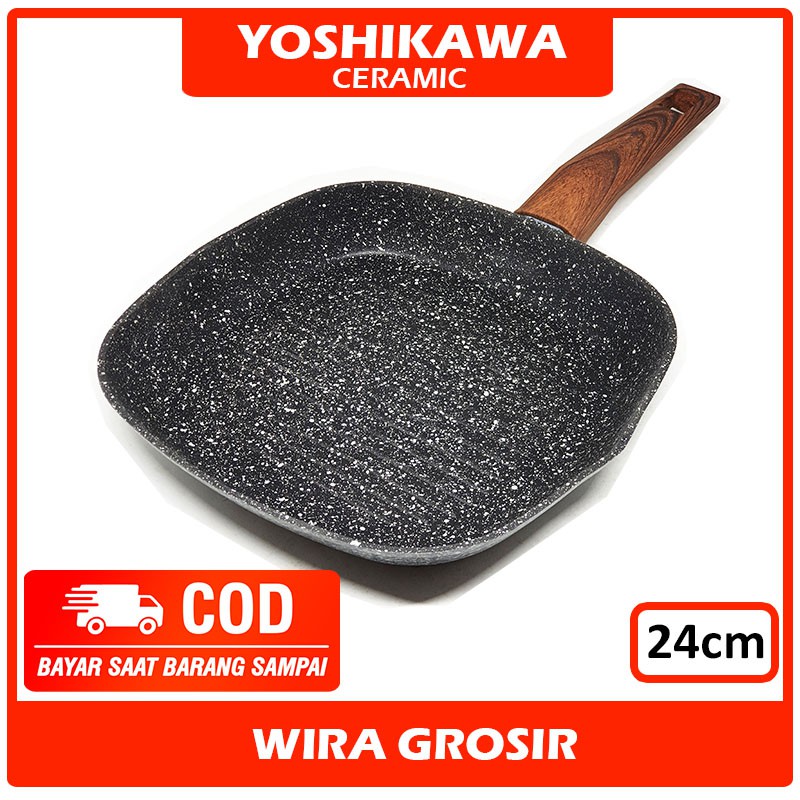 Yoshikawa Frying Grill Pan Keramik Tanpa Minyak 24cm | Wajan Marble | Pemanggang Bbq Anti Lengket