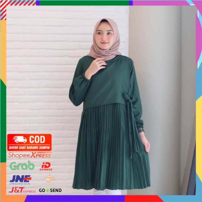 ✨ BISA COD ✨ Tunik Ines Hijau Botol/ best seller/termurah/terlaris/rempel plisket
