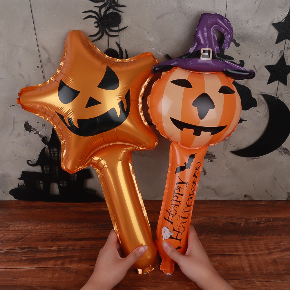 Tongkat Balon Tiup Bahan Aluminum Foil Motif Labu / Laba-Laba Untuk Dekorasi Pesta Halloween