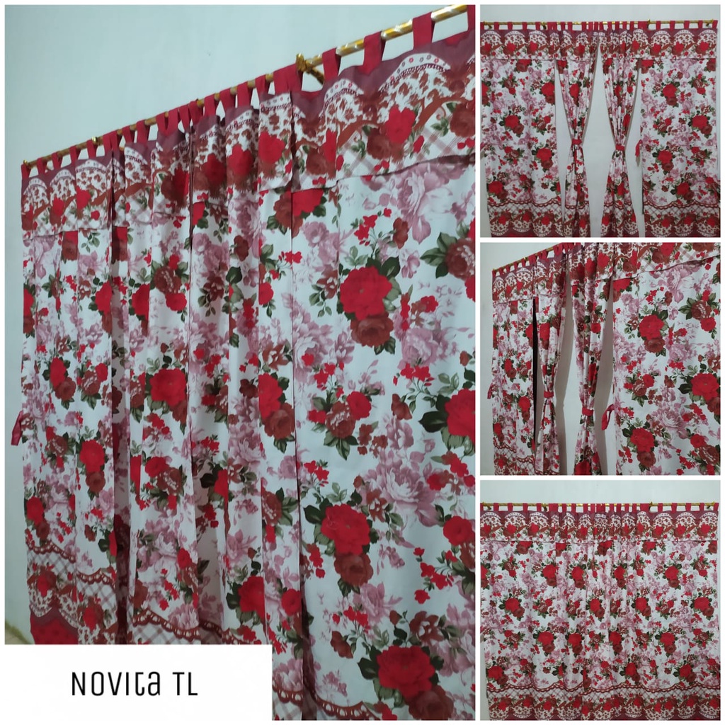 Gorden Pintu Tali Motif Bunga Novita Merah | Hordeng Pintu & Jendela | Katun Tebal | Bisa COD