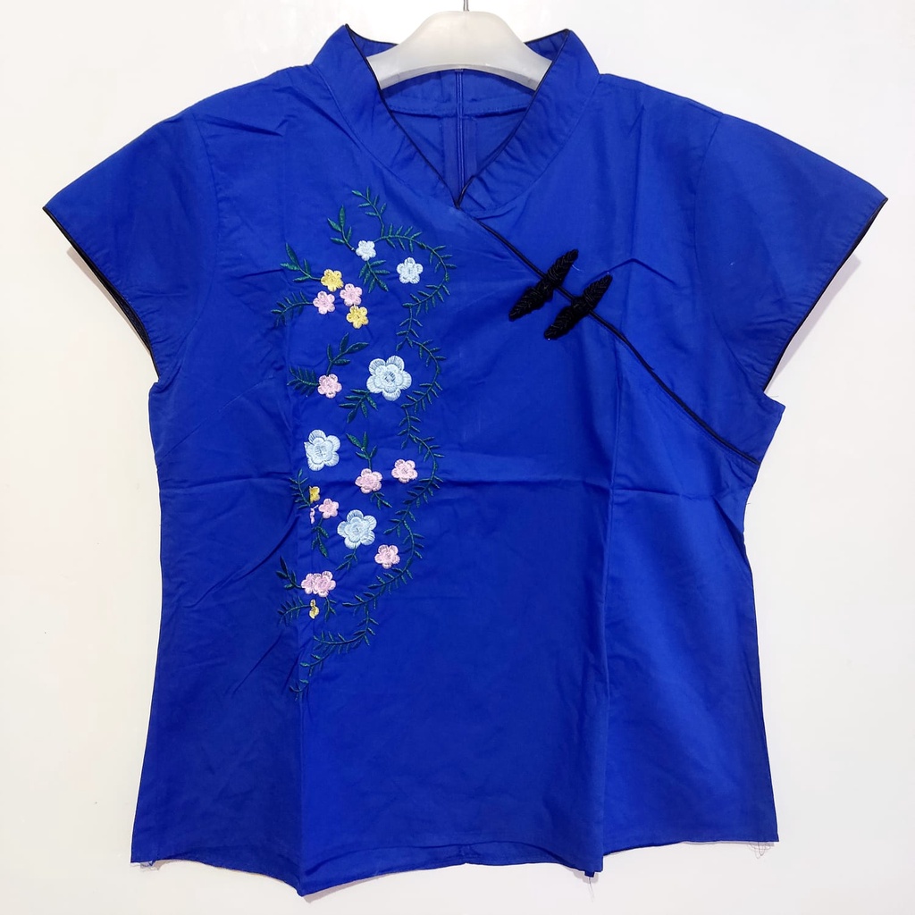 BLOUSE CHEONGSAM DANDELIONS EMBROIDERY ELECTRIC BLUE ( 3 SIZE ) IMLEK COLLECTION / ATASAN WANITA CON