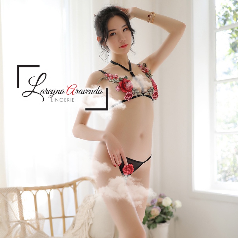 Set Bra Lingerie Seksi &amp; G String Model Bordir Bunga LG006