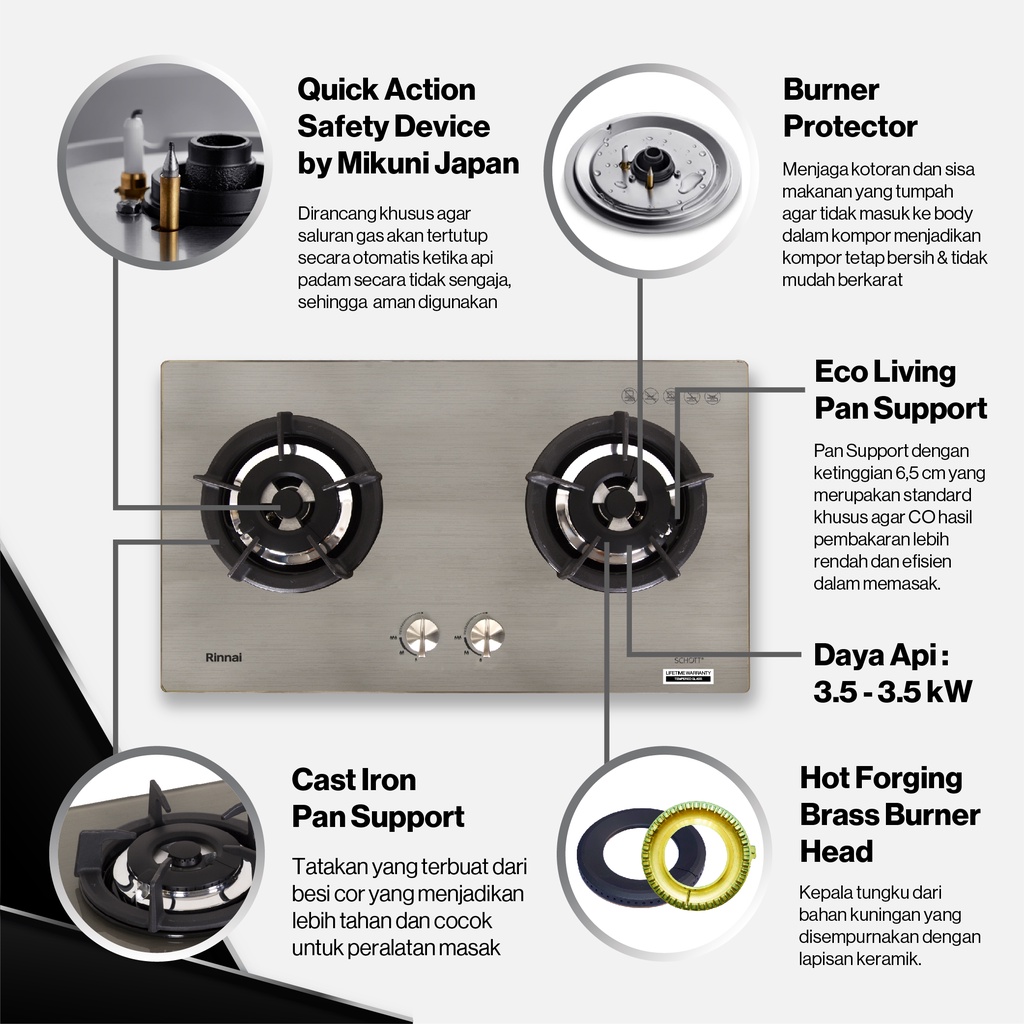 Kompor Gas Tanam 2 Tungku Rinnai RB 2 GH C Banyak Pilihan Warna Kaca